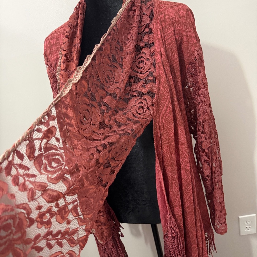 Pretty Angel Lace Fringe Cardigan Womens L/XL Rust Orange Boho Western Romantic - Picture 3 of 16